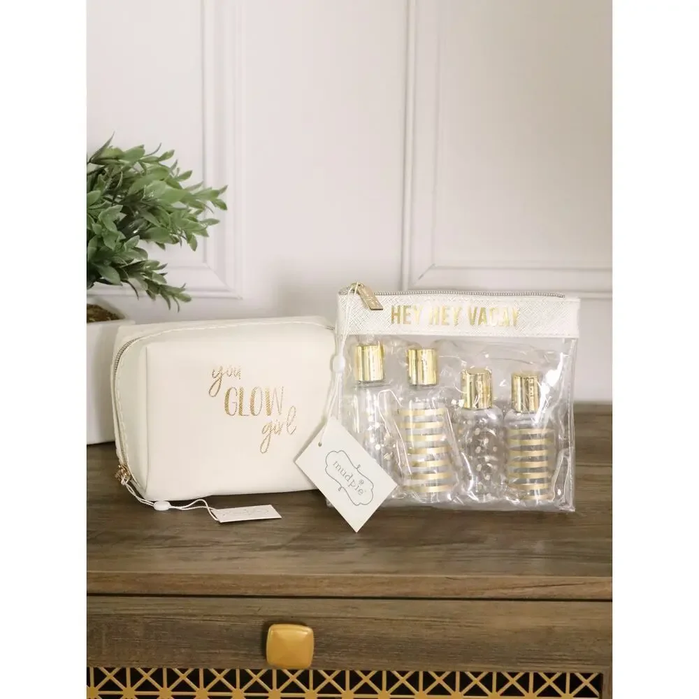 NWT Mud Pie Travel Bundle White “Hey Hey Vacay” Case + “You Glow Girl” Pouch